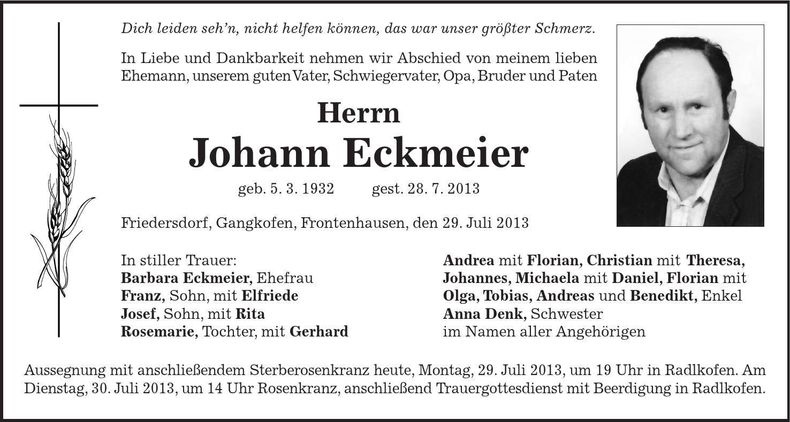 Traueranzeige Johann Eckmeier