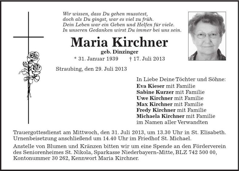 Traueranzeige Maria Kirchner