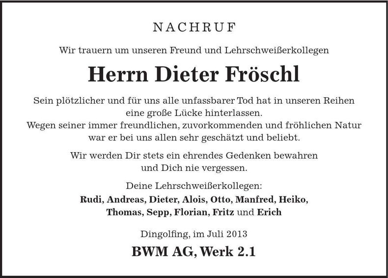 Traueranzeige Fröschl Dieter