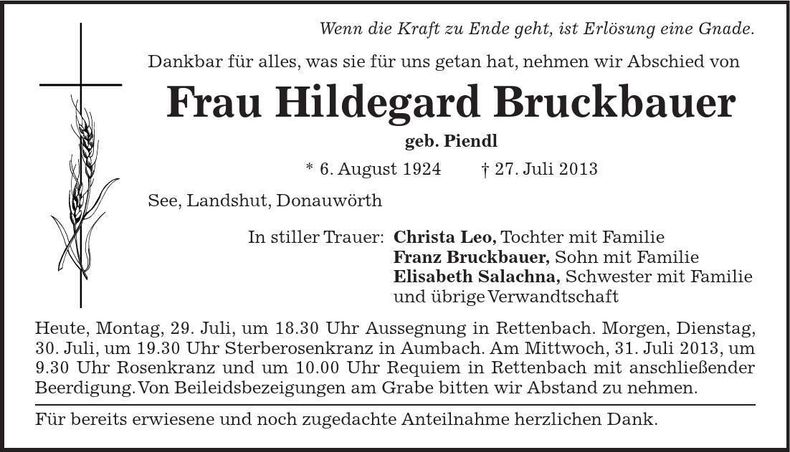 Traueranzeige Hildegard Bruckbauer