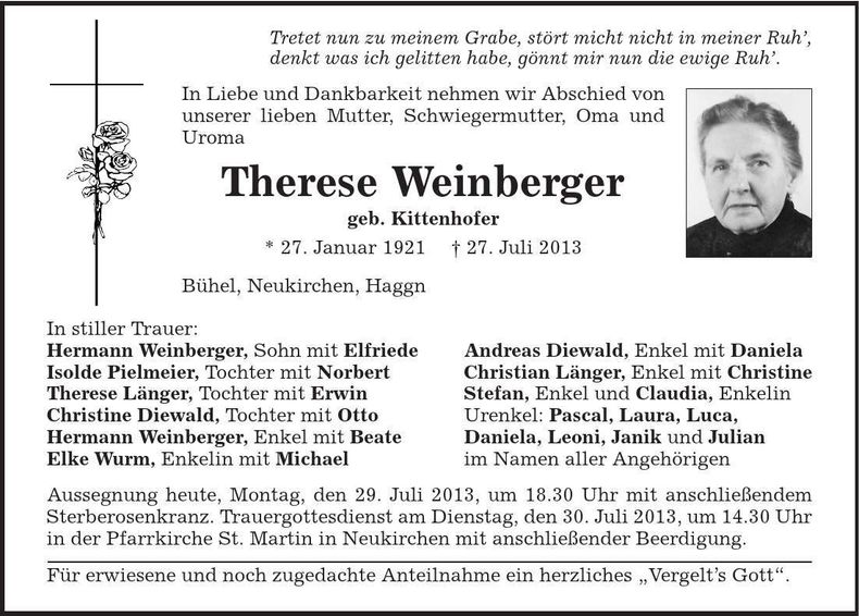 Traueranzeige Therese Weinberger