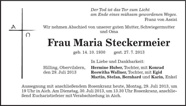 Traueranzeige Maria Steckermeier