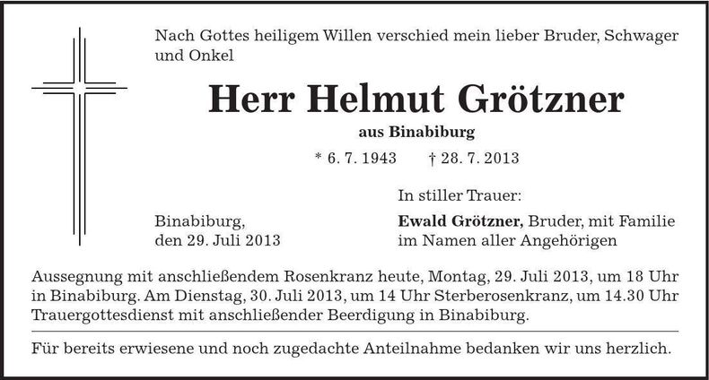 Traueranzeige Helmut Grötzner