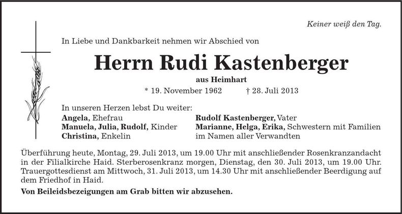 Traueranzeige Rudi Kastenberger