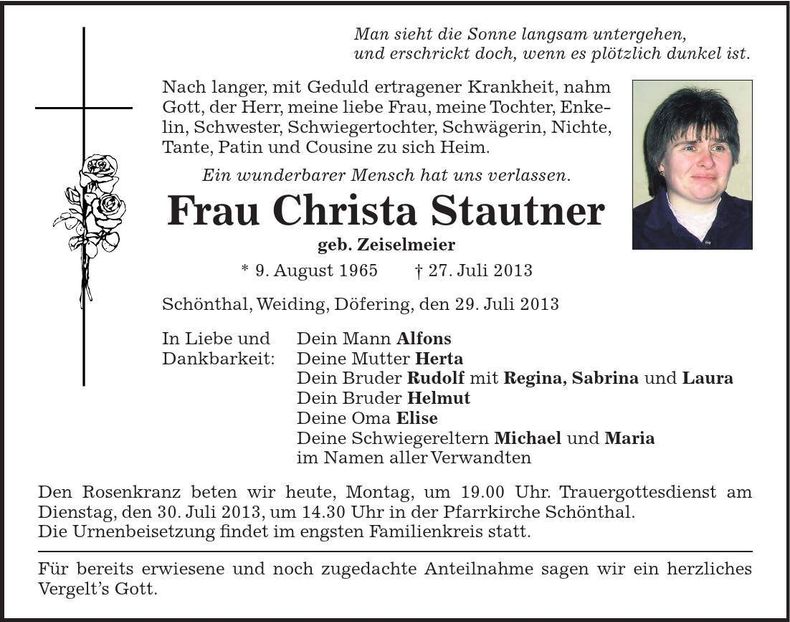 Traueranzeige Christa Stautner