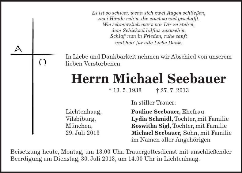 Traueranzeige Michael Seebauer