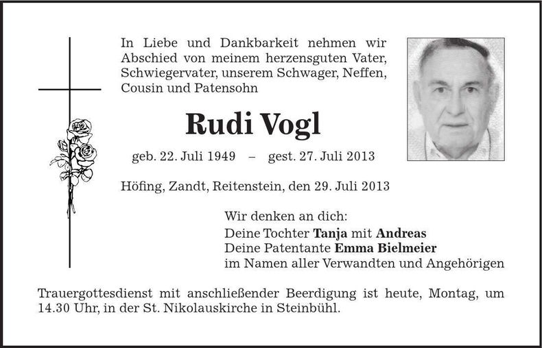 Traueranzeige Rudi Vogl