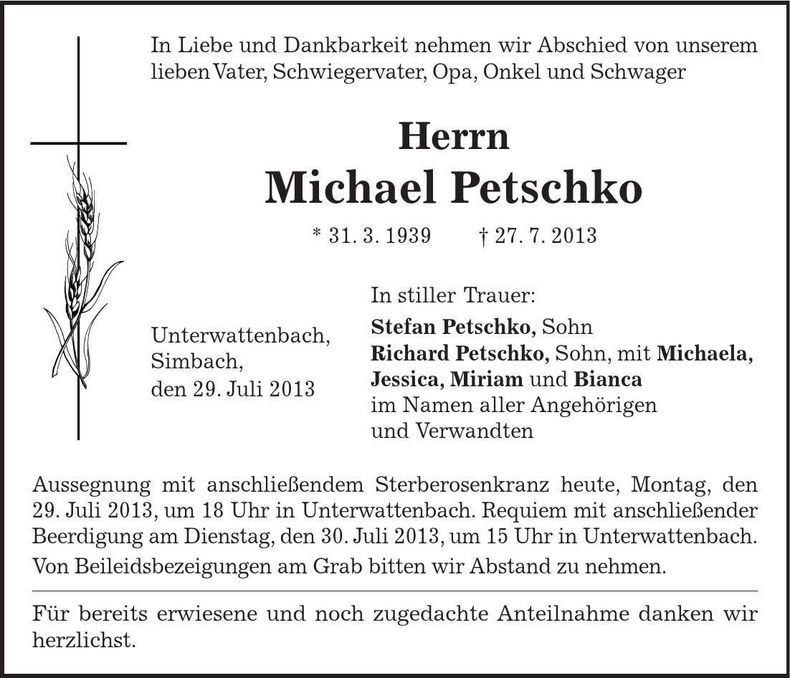 Traueranzeige Michael Petschko