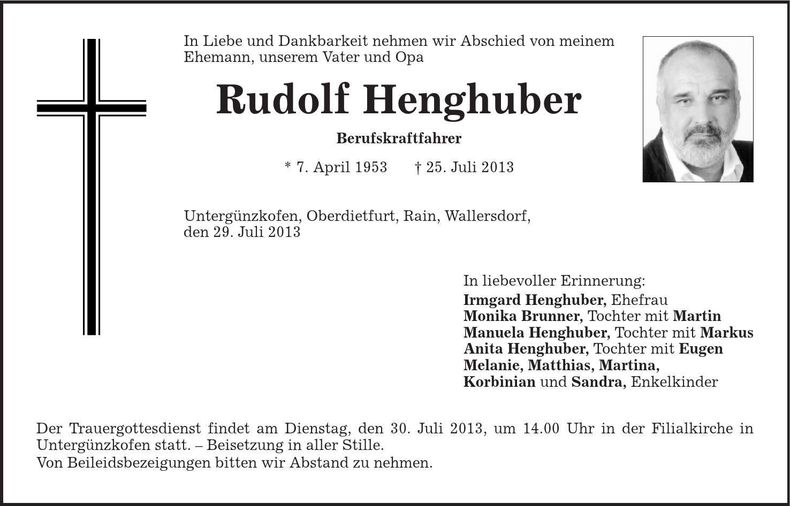 Traueranzeige Rudolf Henghuber