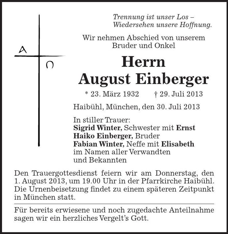 Traueranzeige August Einberger