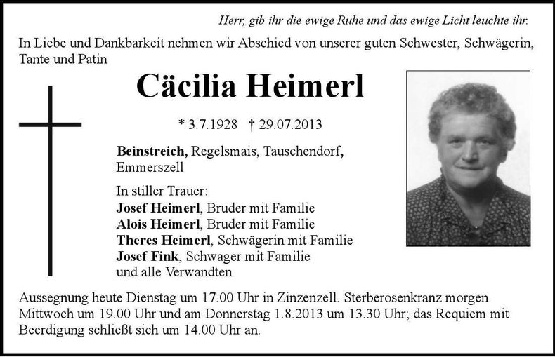 Traueranzeige Cäcilia Heimerl