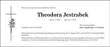 Traueranzeige Theodora Jestrabek