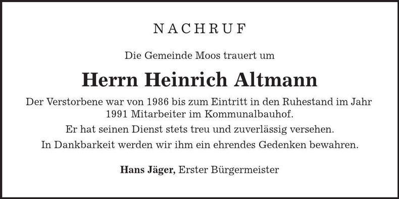 Traueranzeige Heinrich Altmann