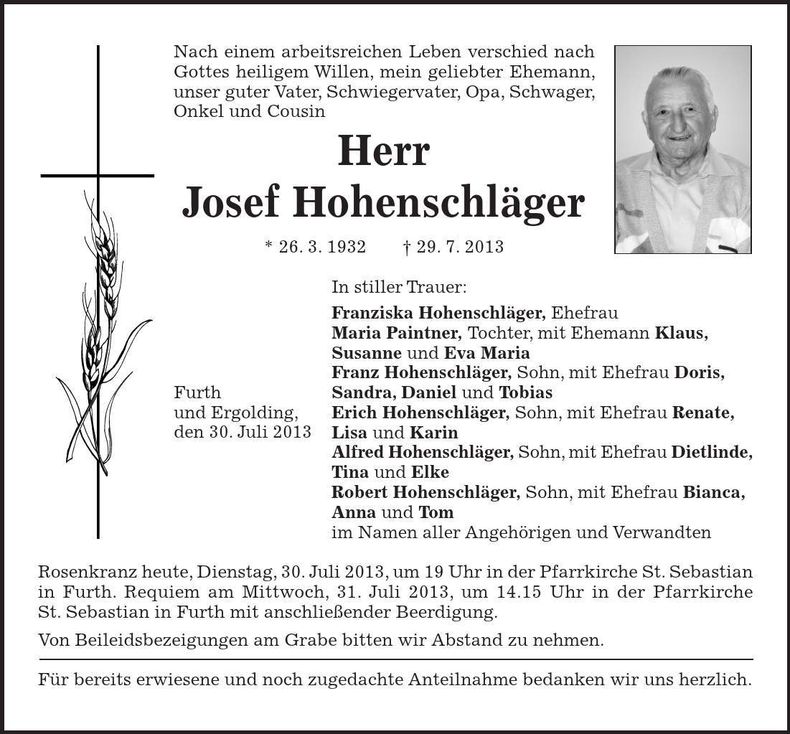Traueranzeige Josef Hohenschläger