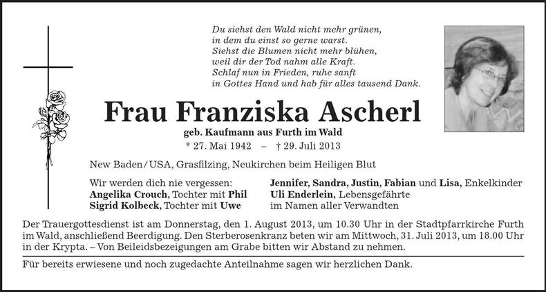 Traueranzeige Franziska Ascherl
