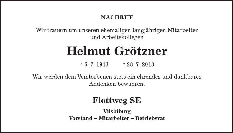Traueranzeige Helmut Grötzner