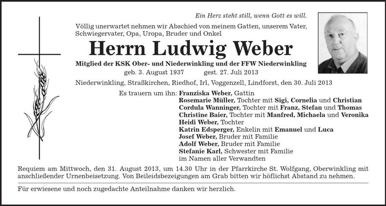 Traueranzeige Ludwig Weber