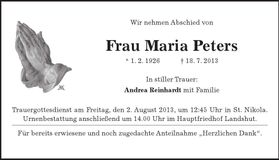 Traueranzeige Maria Peters