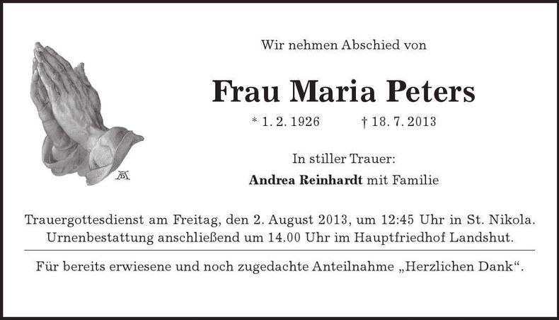 Traueranzeige Maria Peters