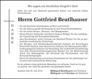 Traueranzeige Gottfried Beutlhauser
