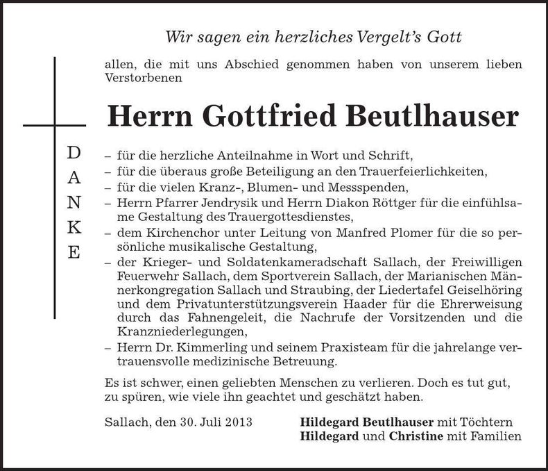 Traueranzeige Gottfried Beutlhauser