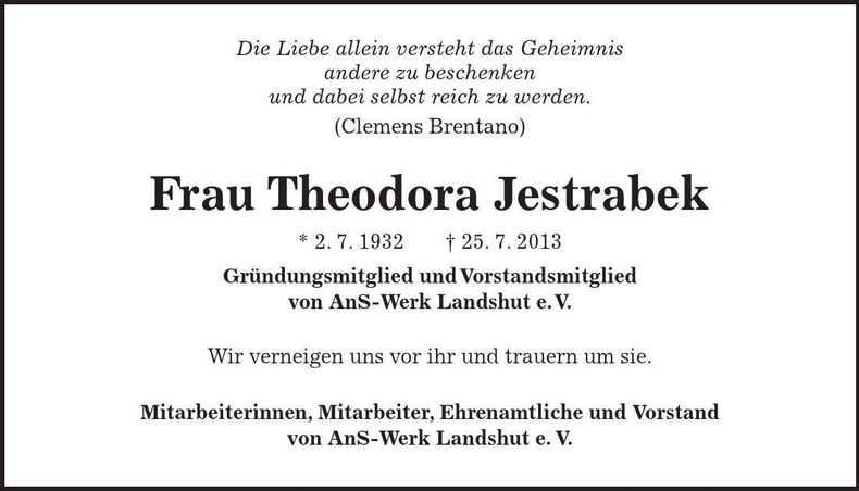 Traueranzeige Theodora Jestrabek