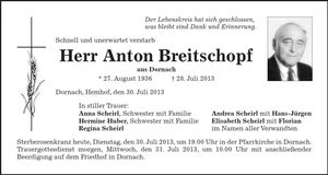 Traueranzeige Anton Breitschopf