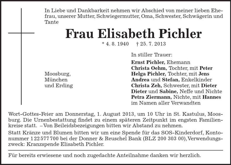 Traueranzeige Elisabeth Pichler