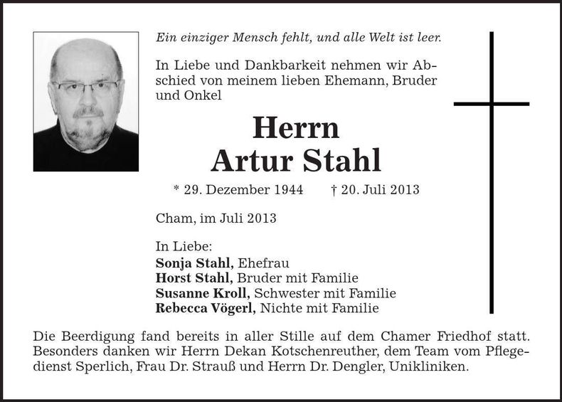 Traueranzeige Arthur Stahl