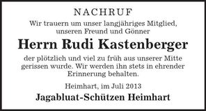 Traueranzeige Rudi Kastenberger