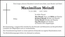 Traueranzeige Maximilian Meindl