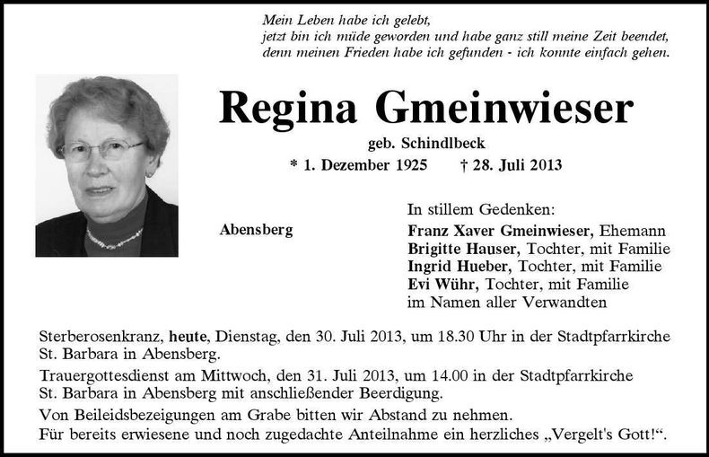 Traueranzeige Regina Gmeinwieser