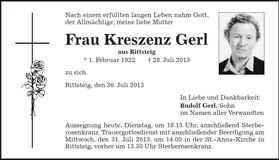 Traueranzeige Kreszenz Gerl