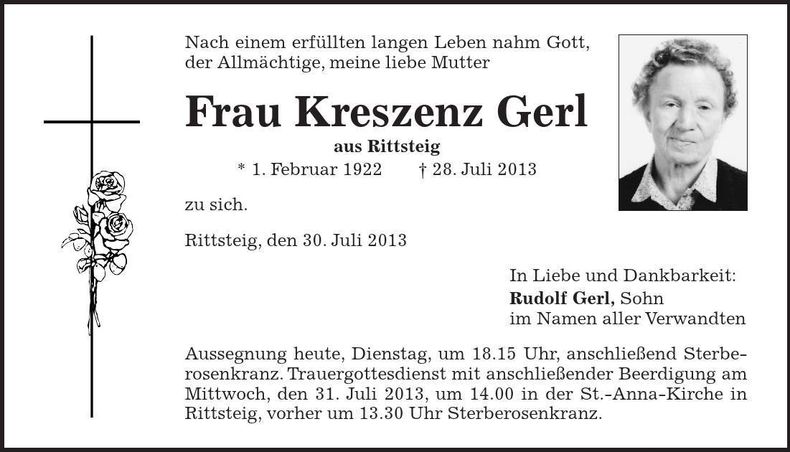 Traueranzeige Kreszenz Gerl