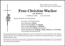 Traueranzeige Christine Wacker