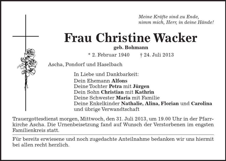 Traueranzeige Christine Wacker