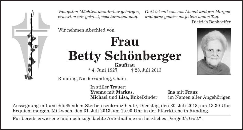 Traueranzeige Betty Schönberger
