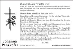 Traueranzeige Johanna Penzkofer
