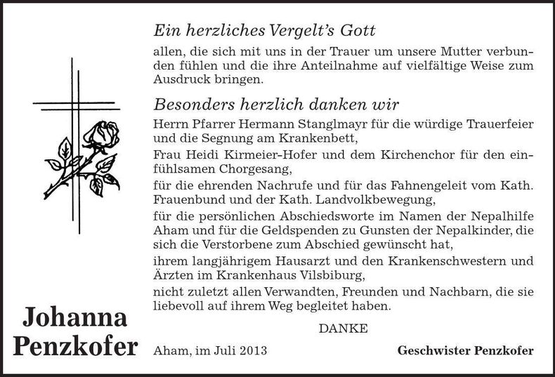Traueranzeige Johanna Penzkofer