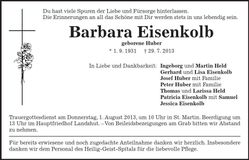 Traueranzeige Barbara Eisenkolb