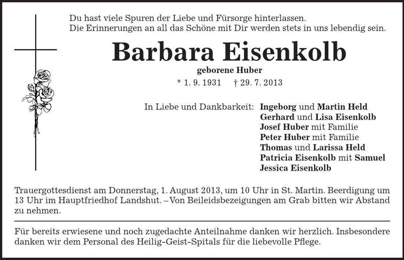 Traueranzeige Barbara Eisenkolb