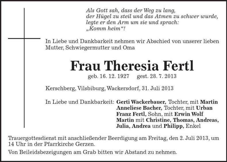 Traueranzeige Theresia Fertl