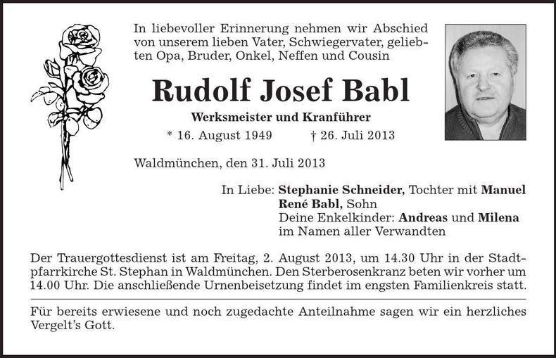 Traueranzeige Rudolf Joseph Babl