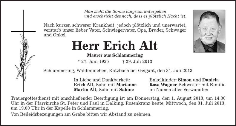 Traueranzeige Erich Alt