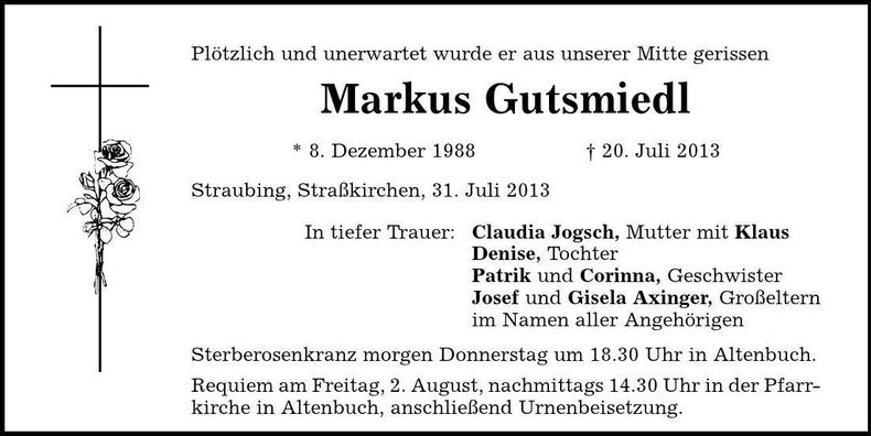 Traueranzeige Markus Gutsmiedl