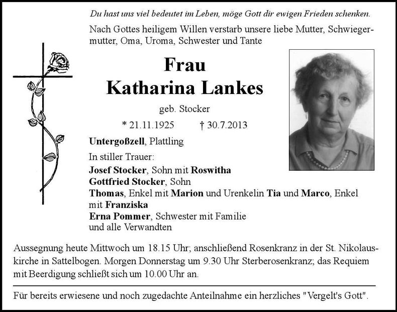 Traueranzeige Katharina Lankes