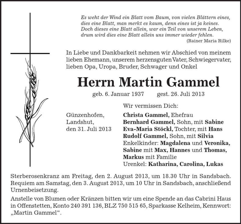 Traueranzeige Martin Gammel
