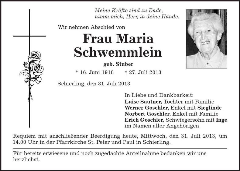 Traueranzeige Maria Schwemmlein