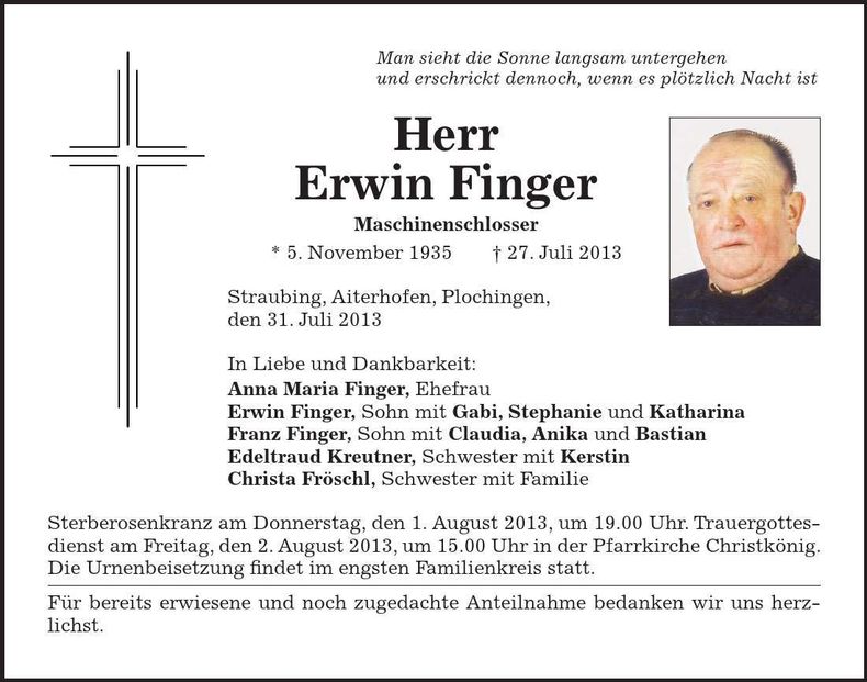 Traueranzeige Erwin Finger