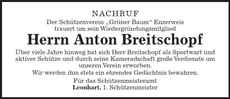 Traueranzeige Anton Breitschopf